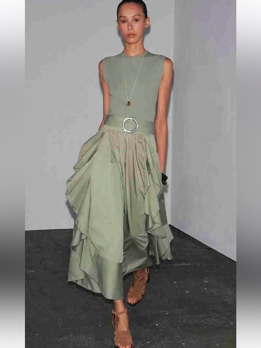 Zara Khaki Sleeveless Sage Green Ruffle Midi Dress Size Medium NWT